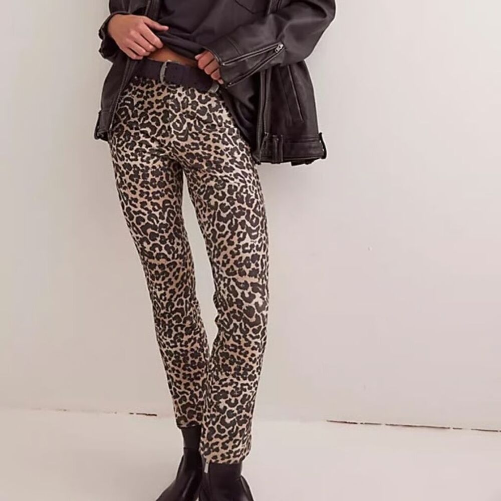New Free People Molly Slim Pants Neutral Combo Animal Print  Women's 4 Boho Rock - Picture 2 of 14